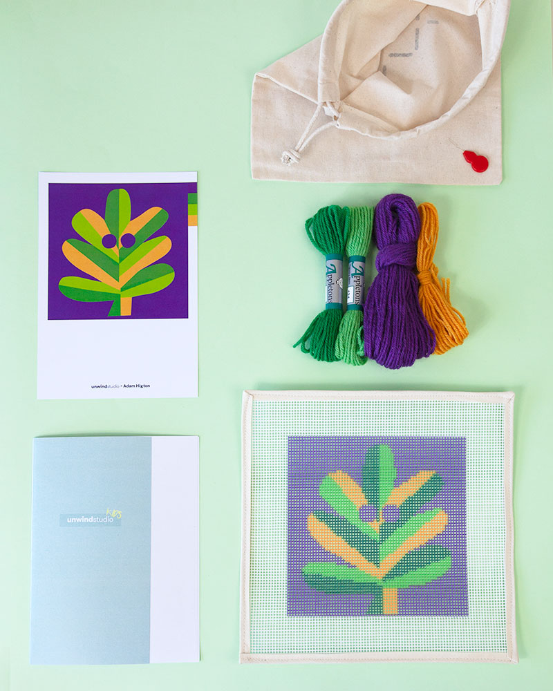 Oak Leaf Needlepoint Kit for Kids with canvas and threads by Unwind Studio