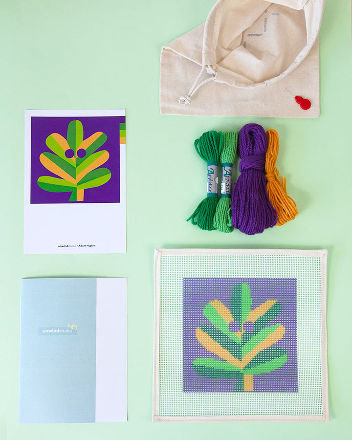 Oak Leaf Needlepoint Kit for Kids with canvas and threads by Unwind Studio